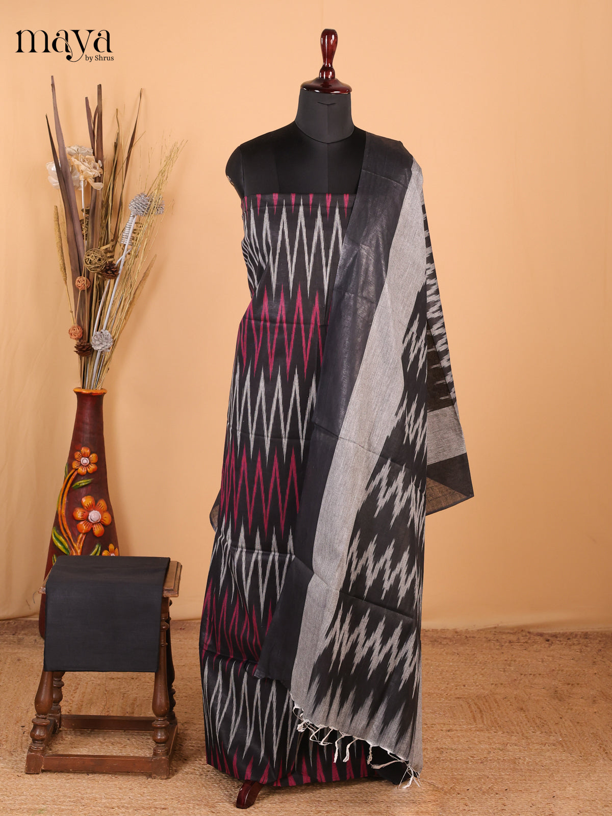 Grey & Black - Ikkat Cotton Unstitched Material Top, Bottom & Dupatta - MDB27002