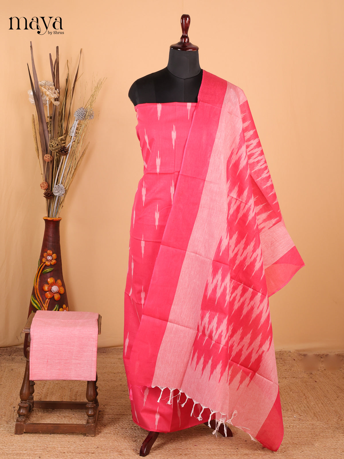 Dark peach & pastel pink - Ikkat Cotton Unstitched Material Top, Bottom & Dupatta - MDB27003