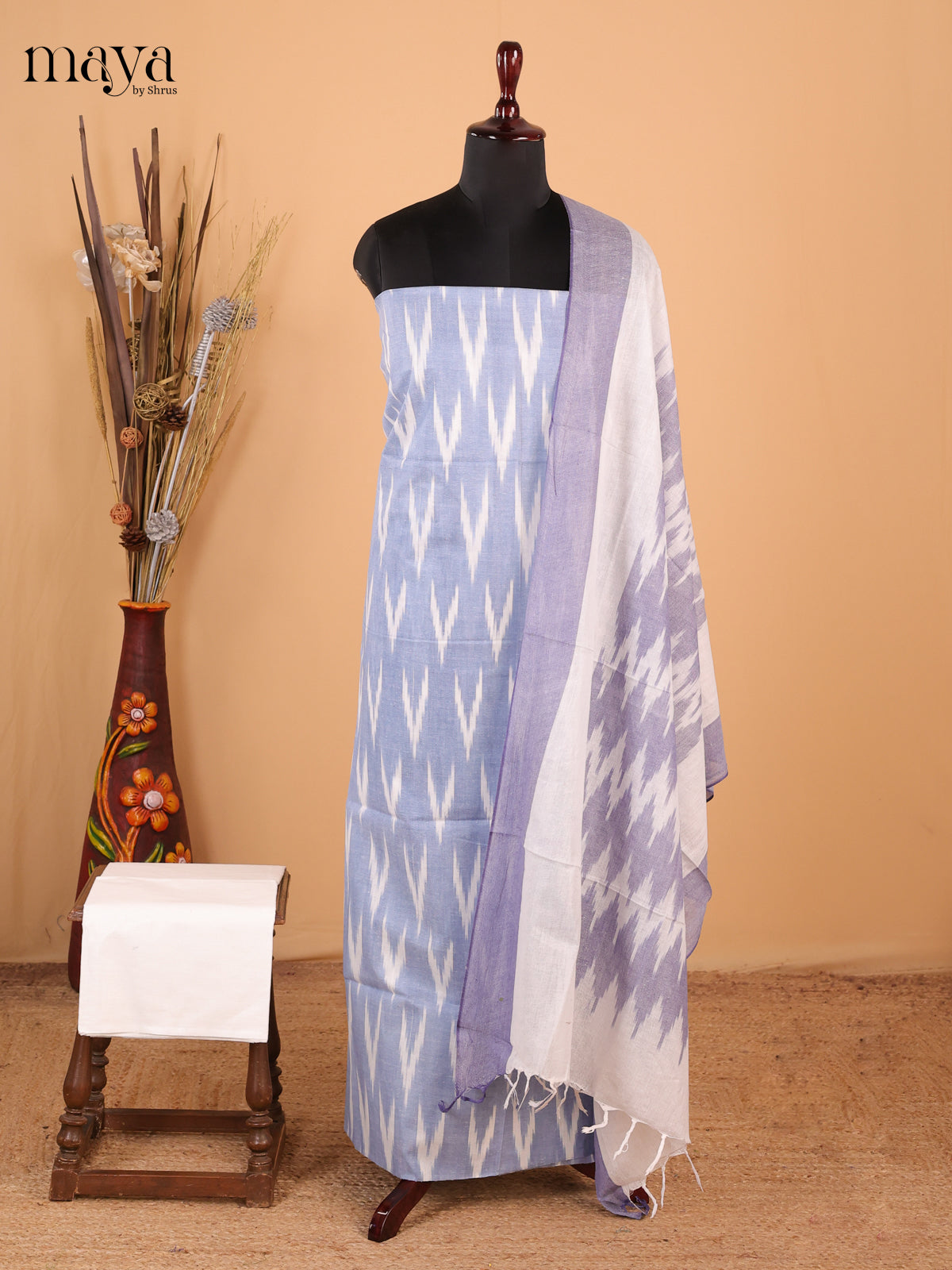 Ice Blue & White - Ikkat Cotton Unstitched Material Top, Bottom & Dupatta - MDB27004