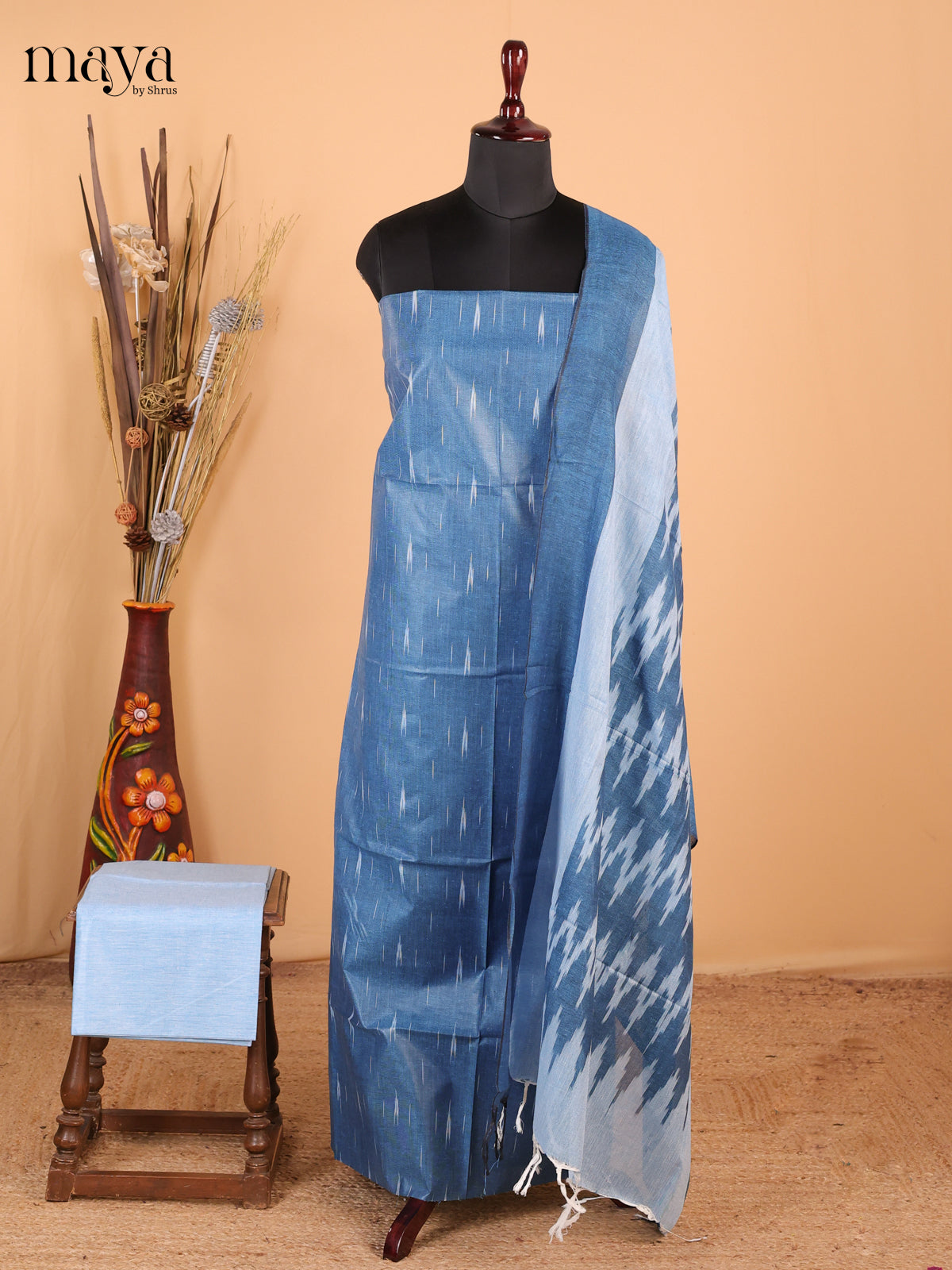 peacock blue & ice blue - Ikkat Cotton Unstitched Material Top, Bottom & Dupatta - MDB27005