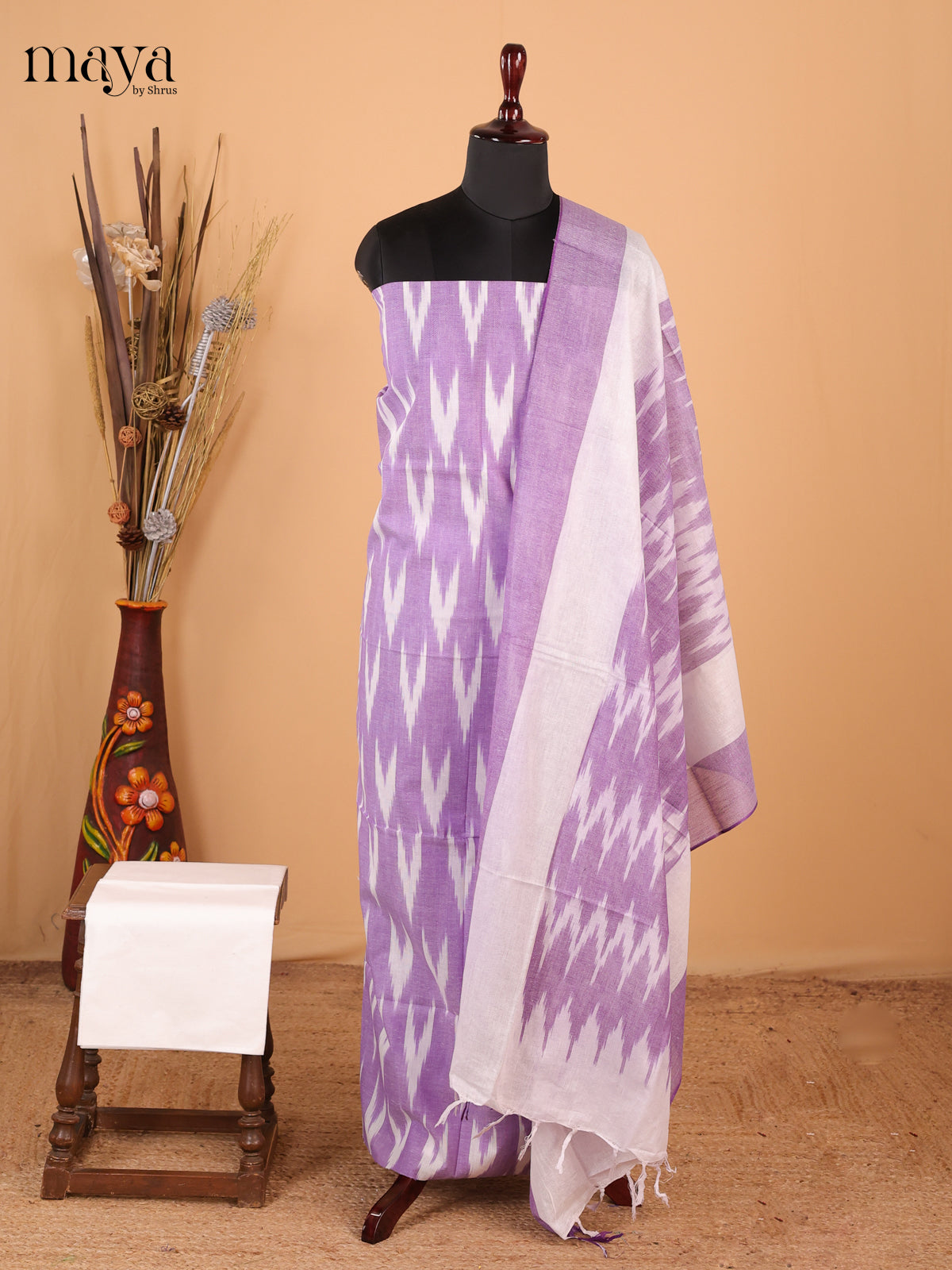 Lavender & White - Ikkat Cotton Unstitched Material Top, Bottom & Dupatta - MDB27007