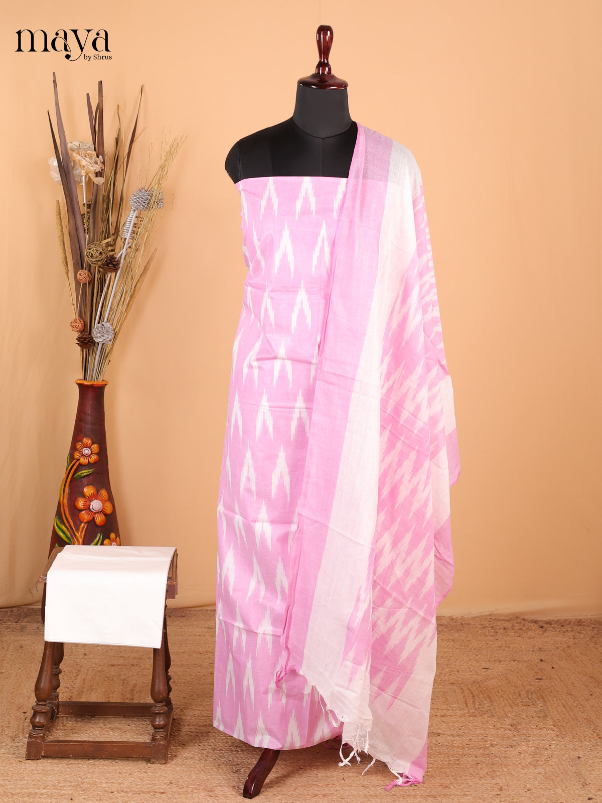 pastel pink & white - Ikkat Cotton Unstitched Material Top, Bottom & Dupatta - MDB27008