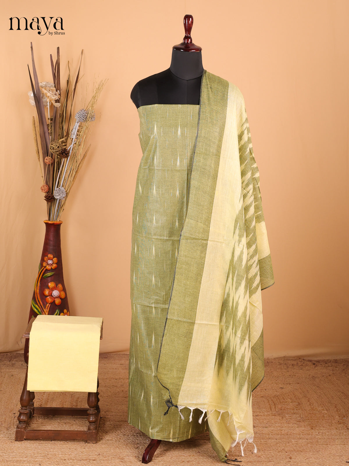 pastel Green & light yellow - Ikkat Cotton Unstitched Material Top, Bottom & Dupatta - MDB27009