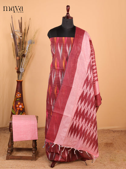 Maroon & light red - Ikkat Cotton Unstitched Material Top, Bottom & Dupatta - MDB27011