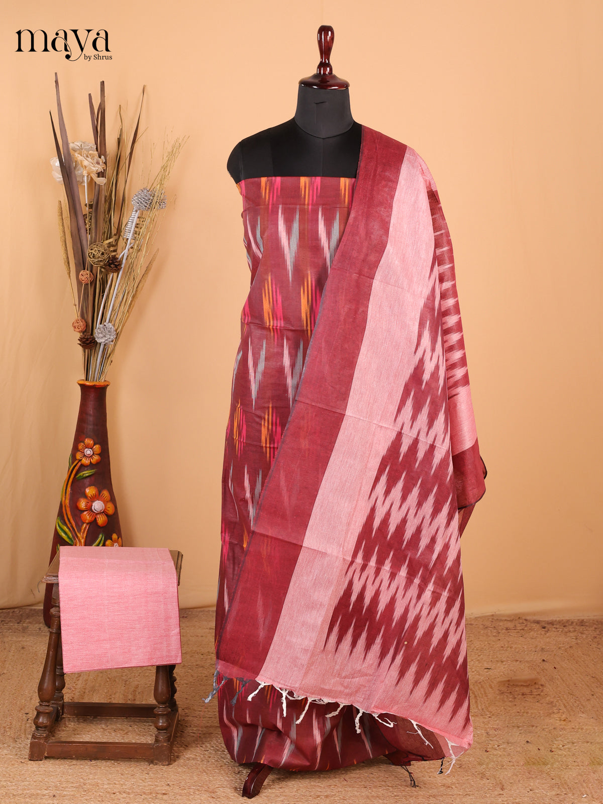 Maroon & light red - Ikkat Cotton Unstitched Material Top, Bottom & Dupatta - MDB27011