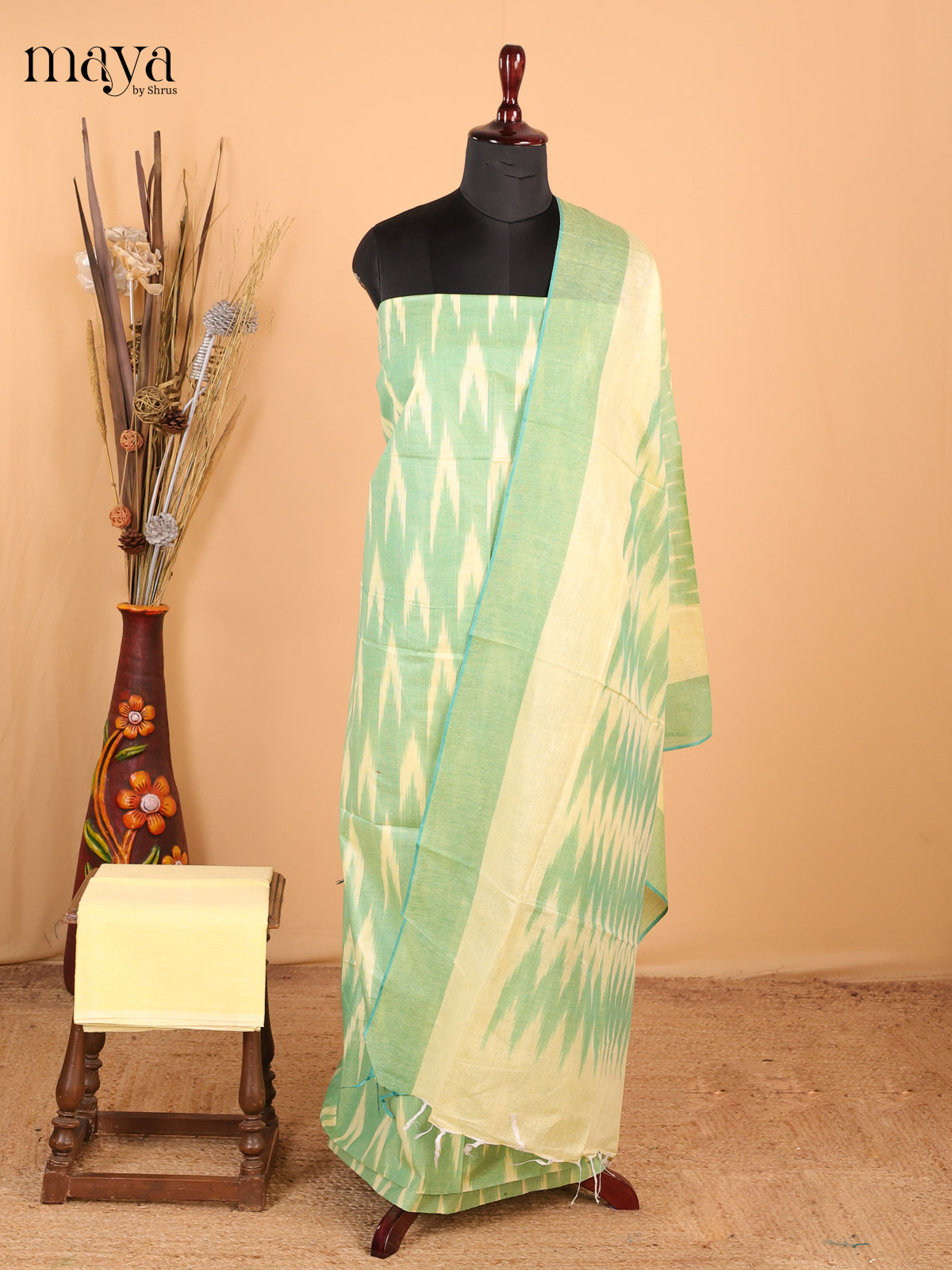 light leaf green & yellow - Ikkat Cotton Unstitched Material Top, Bottom & Dupatta - MDB27012