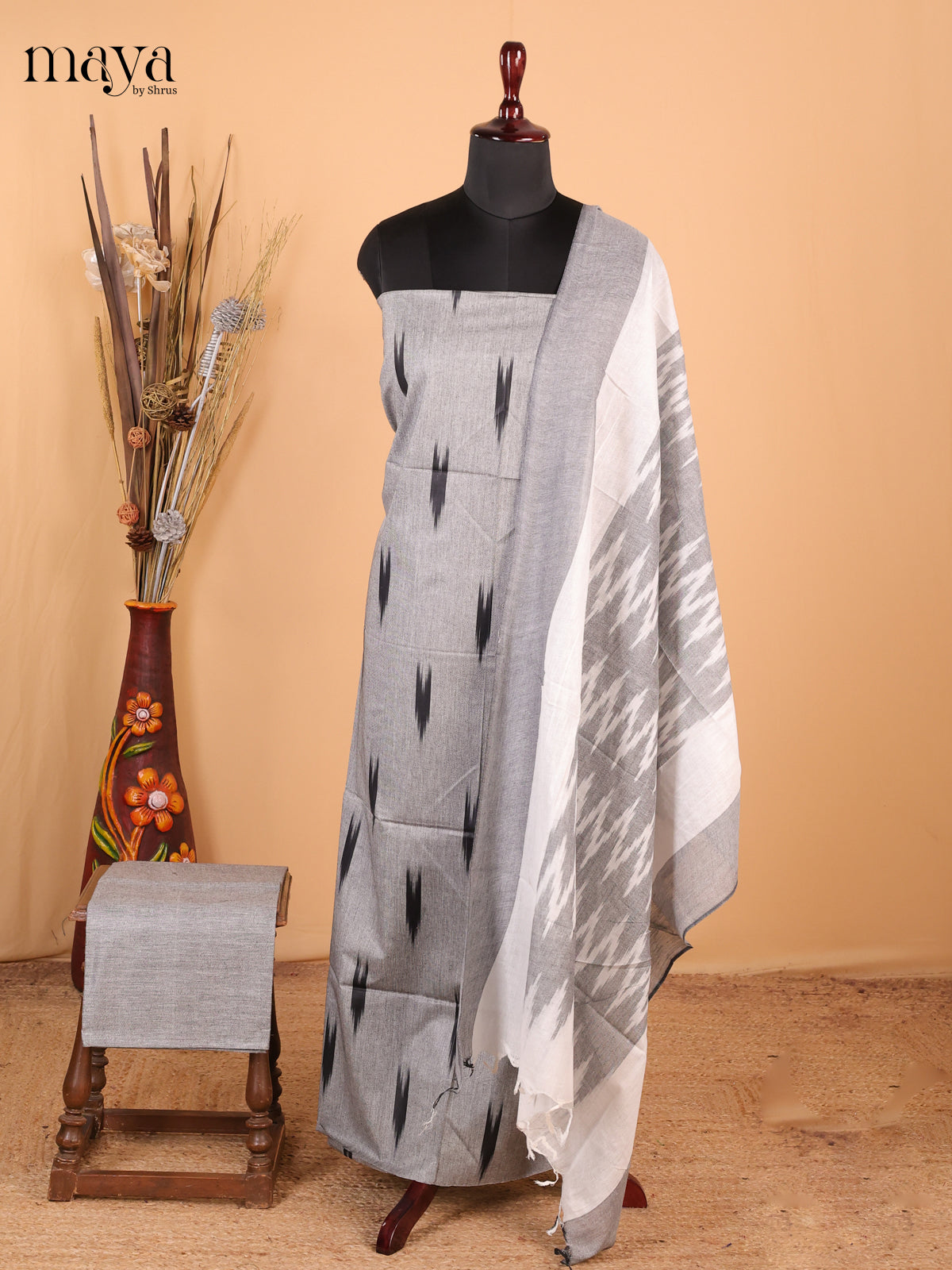 Grey & Black - Ikkat Cotton Unstitched Material Top, Bottom & Dupatta - MDB27013