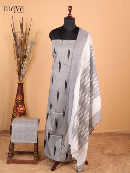 Grey & Black - Ikkat Cotton Unstitched Material Top, Bottom & Dupatta - MDB27013
