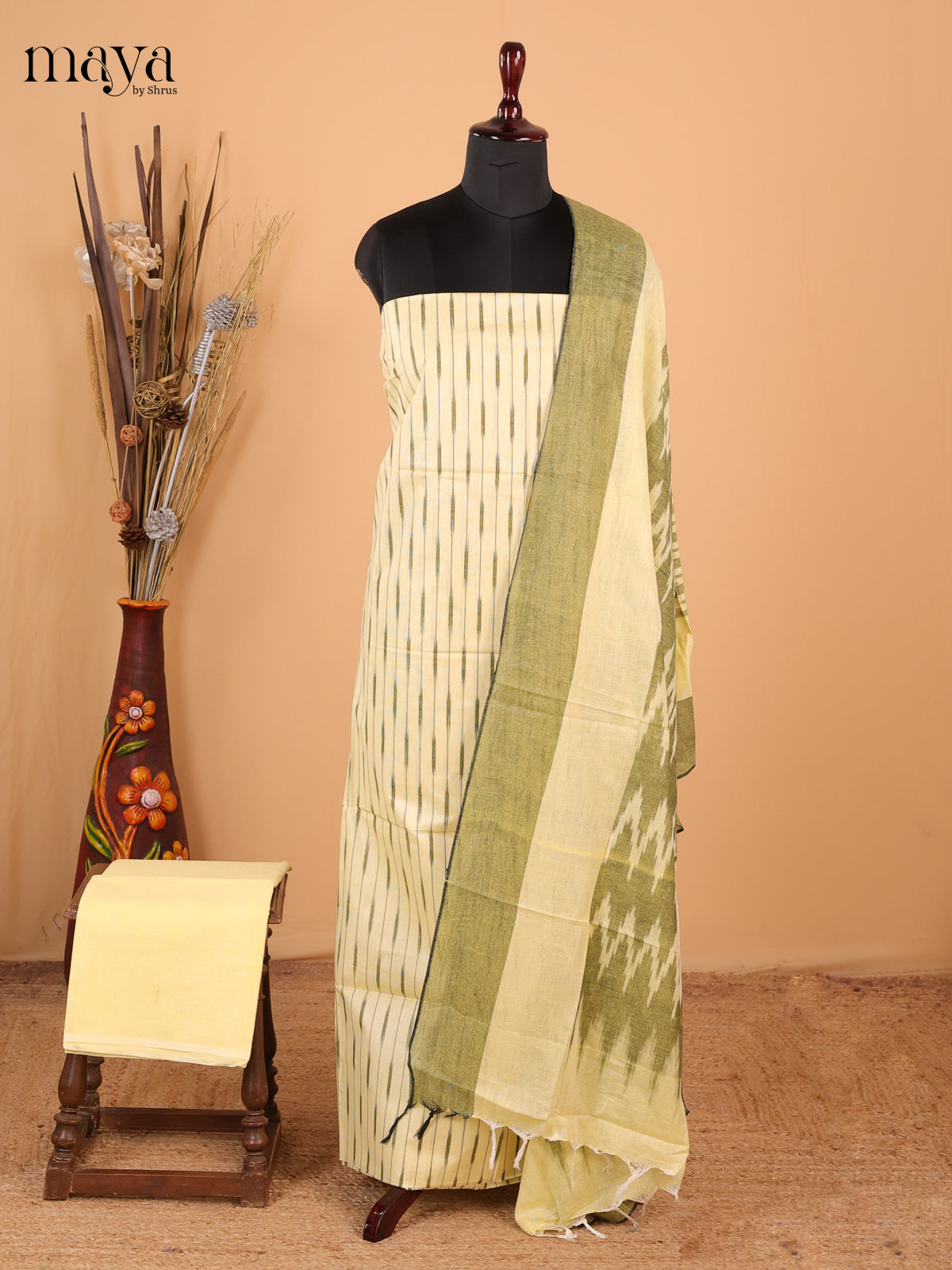 light yellow - Ikkat Cotton Unstitched Material Top, Bottom & Dupatta - MDB27014
