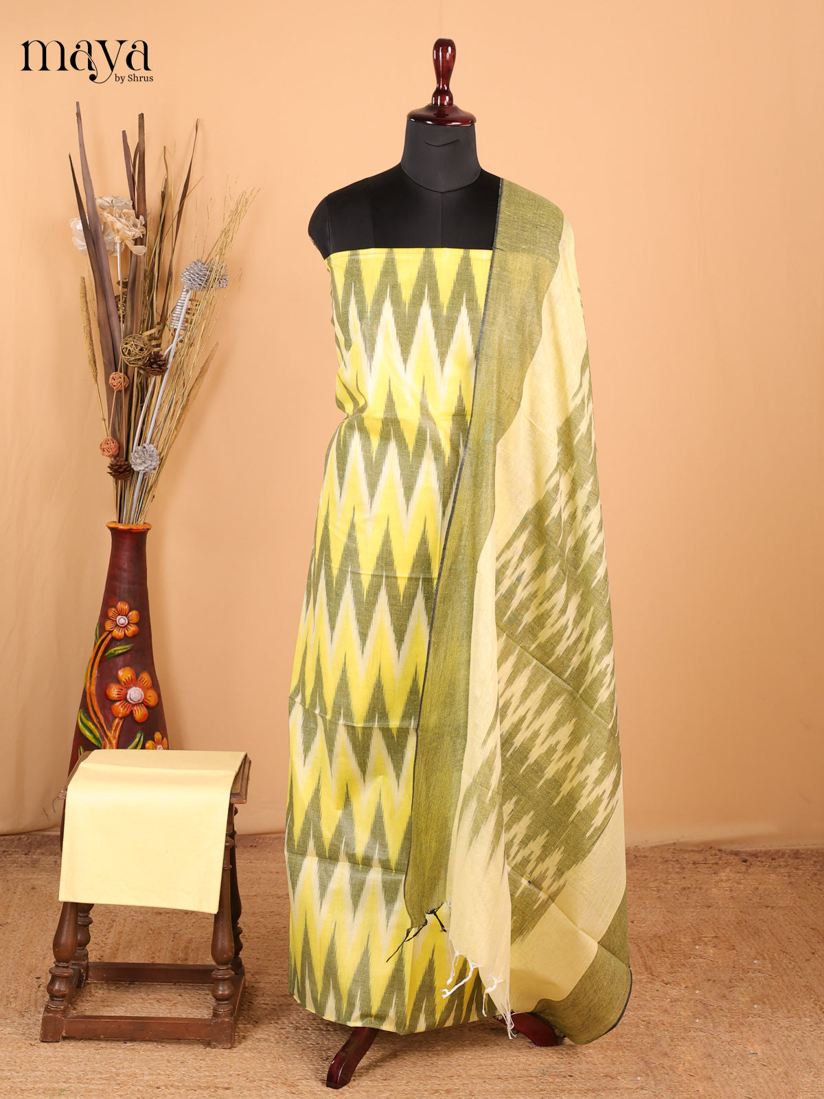 Bright yellow & pastel yellow - Ikkat Cotton Unstitched Material Top, Bottom & Dupatta - MDB27015