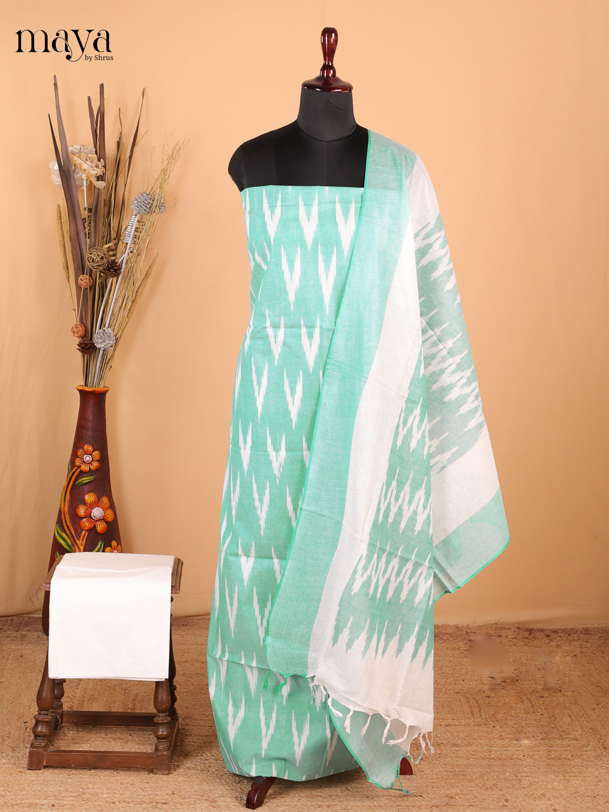Teal green & white - Ikkat Cotton Unstitched Material Top, Bottom & Dupatta - MDB27016