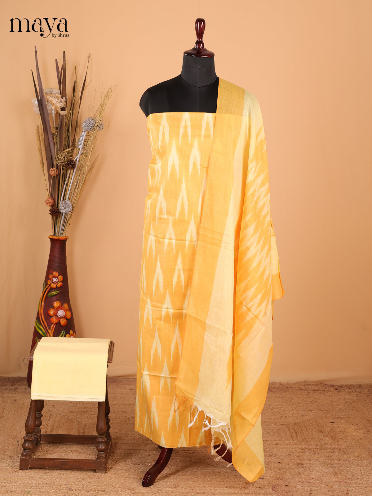 Sandal & yellow - Ikkat Cotton Unstitched Material Top, Bottom & Dupatta - MDB27017