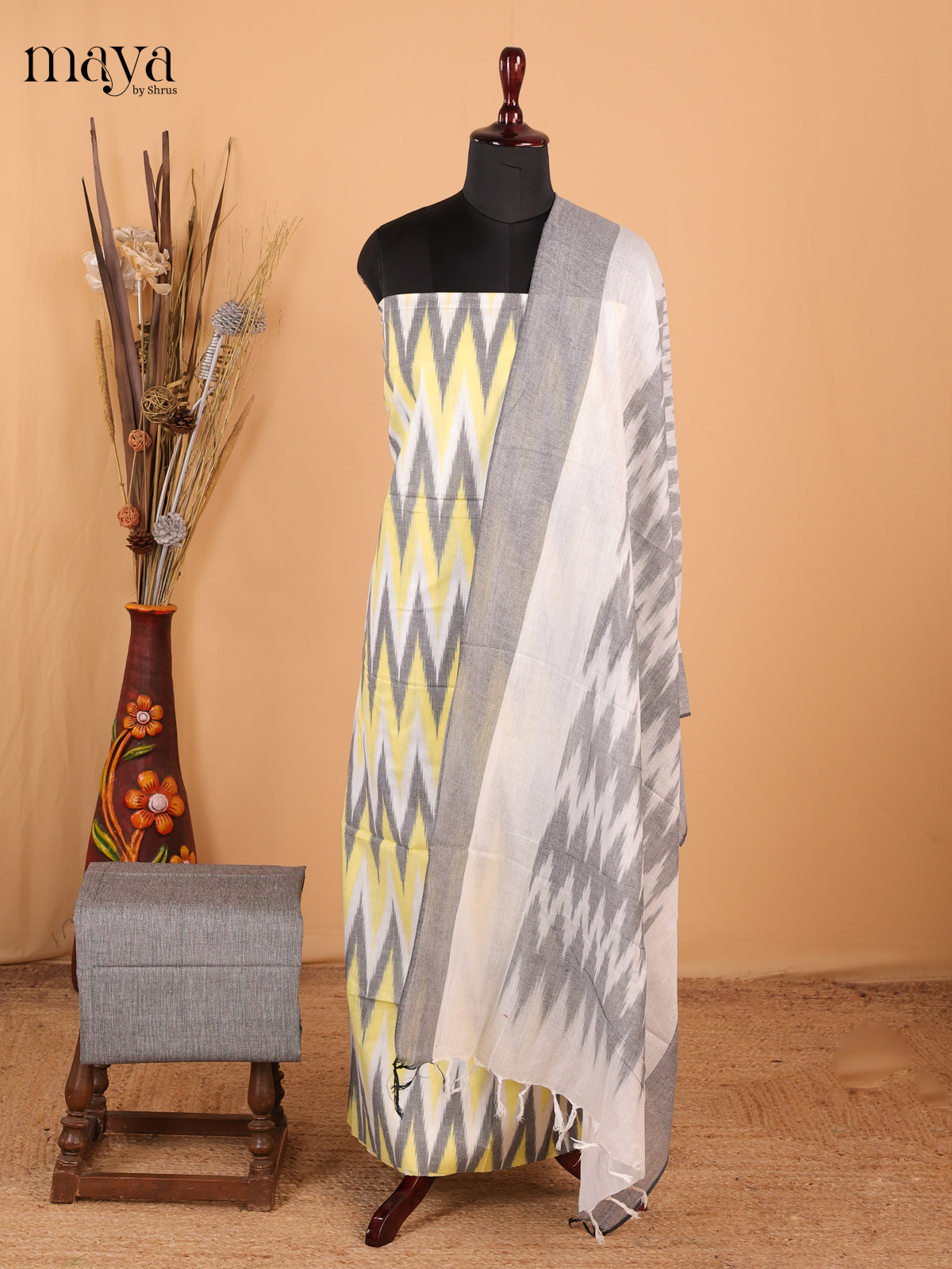 Yellow & Grey - Ikkat Cotton Unstitched Material Top, Bottom & Dupatta - MDB27019