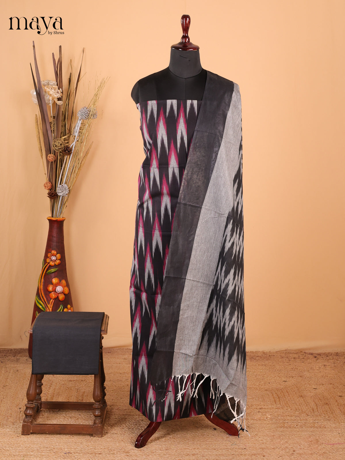 Black & Grey - Ikkat Cotton Unstitched Material Top, Bottom & Dupatta - MDB27020