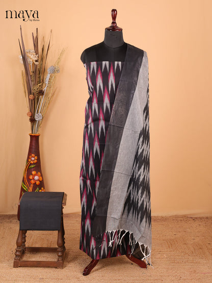 Black & Grey - Ikkat Cotton Unstitched Material Top, Bottom & Dupatta - MDB27020