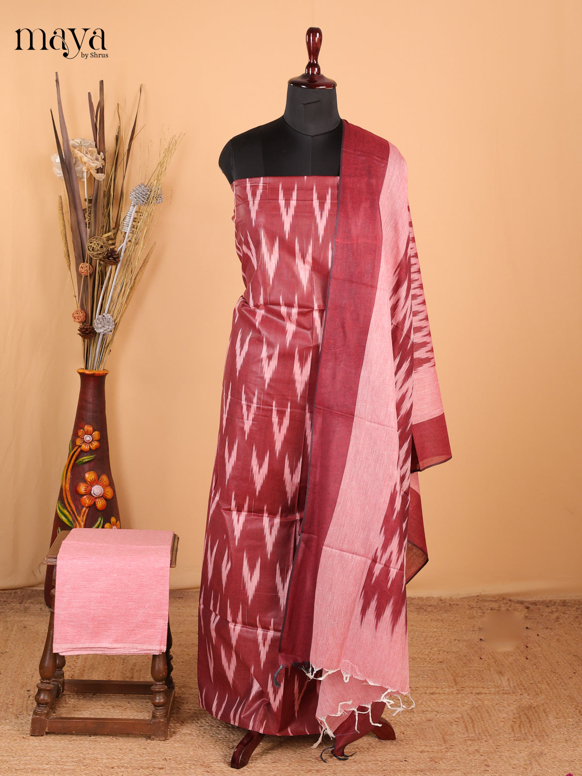 Maroon & Light Red - Ikkat Cotton Unstitched Material Top, Bottom & Dupatta - MDB27021