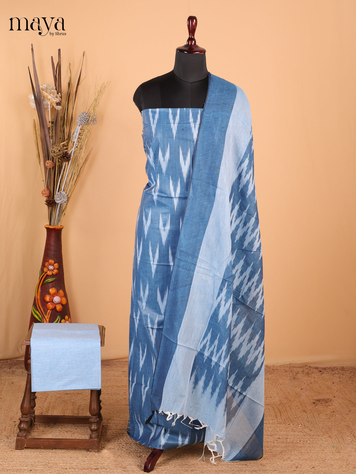Peacock blue & ice blue - Components Included - Unstitch Salwar Material Top, Bottom & Dupatta - MDB27022