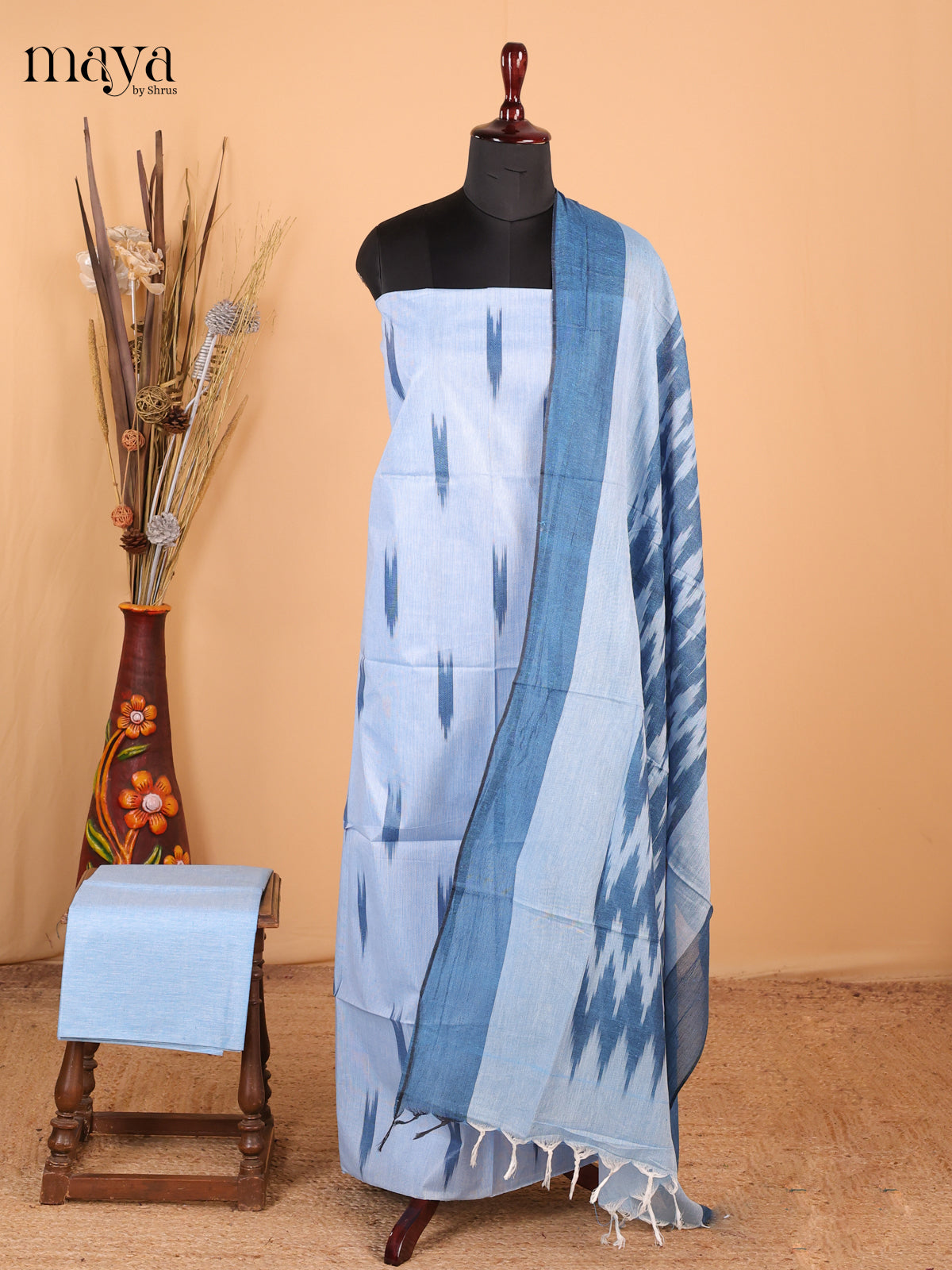 Ice Blue & peacock blue - Ikkat Cotton Unstitched Material Top, Bottom & Dupatta - MDB27023