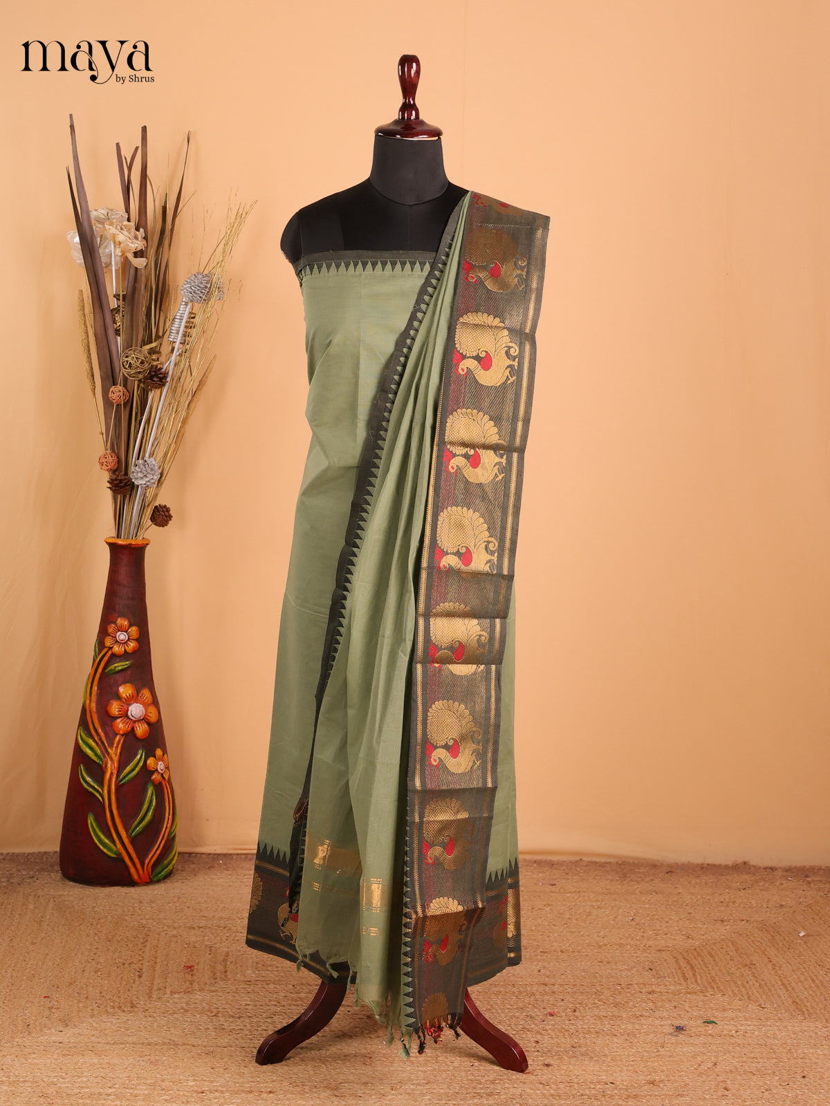 Sea Green with Dark Green - Chettinad Cotton Unstitched Top & Dupatta - MDC06001