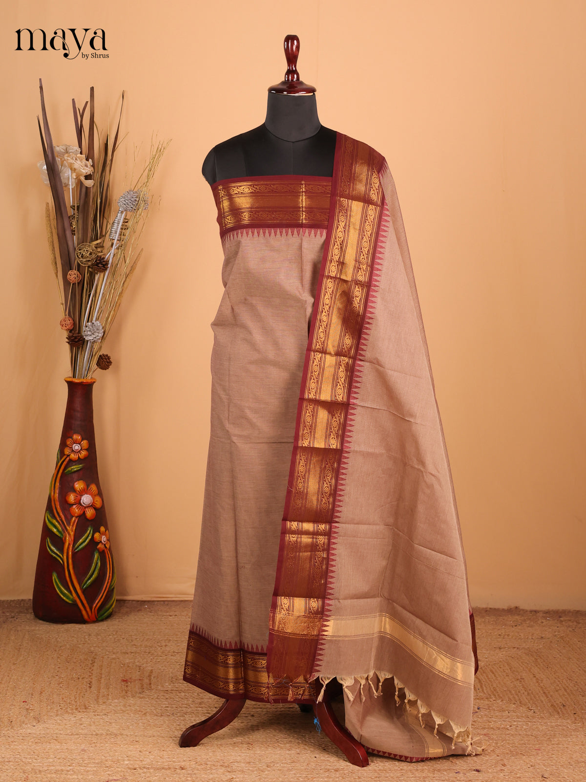Light brown & dark brown - Chettinad Cotton Unstitched Top & Dupatta - MDC06002