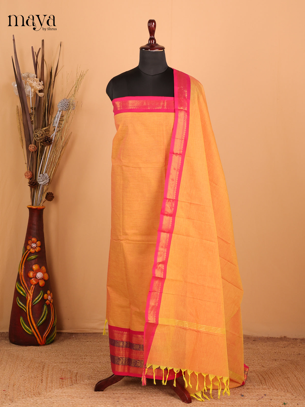 Mustard yellow with pink - Chettinad Cotton Unstitched Top & Dupatta - MDC06003