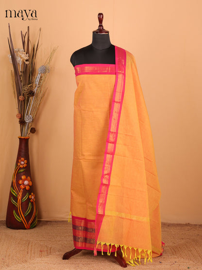 Mustard yellow with pink - Chettinad Cotton Unstitched Top & Dupatta - MDC06003