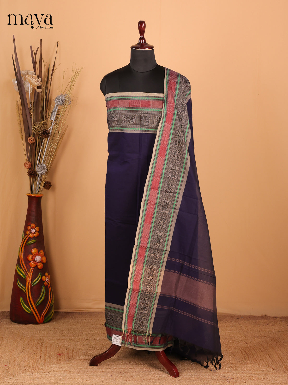 Navy Blue & grey - Chettinad Cotton Unstitched Top & Dupatta - MDC06004
