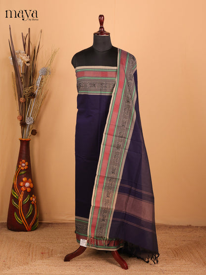 Navy Blue & grey - Chettinad Cotton Unstitched Top & Dupatta - MDC06004