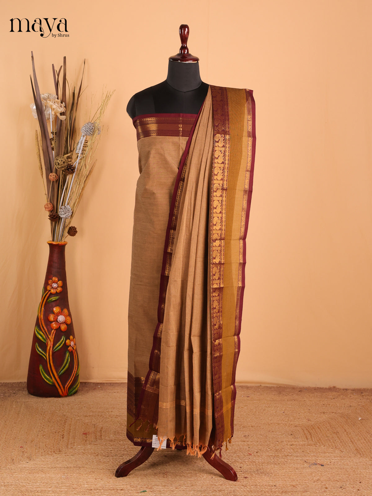 Light Browm with Dark brown - Chettinad Cotton Unstitched Top & Dupatta - MDC06005