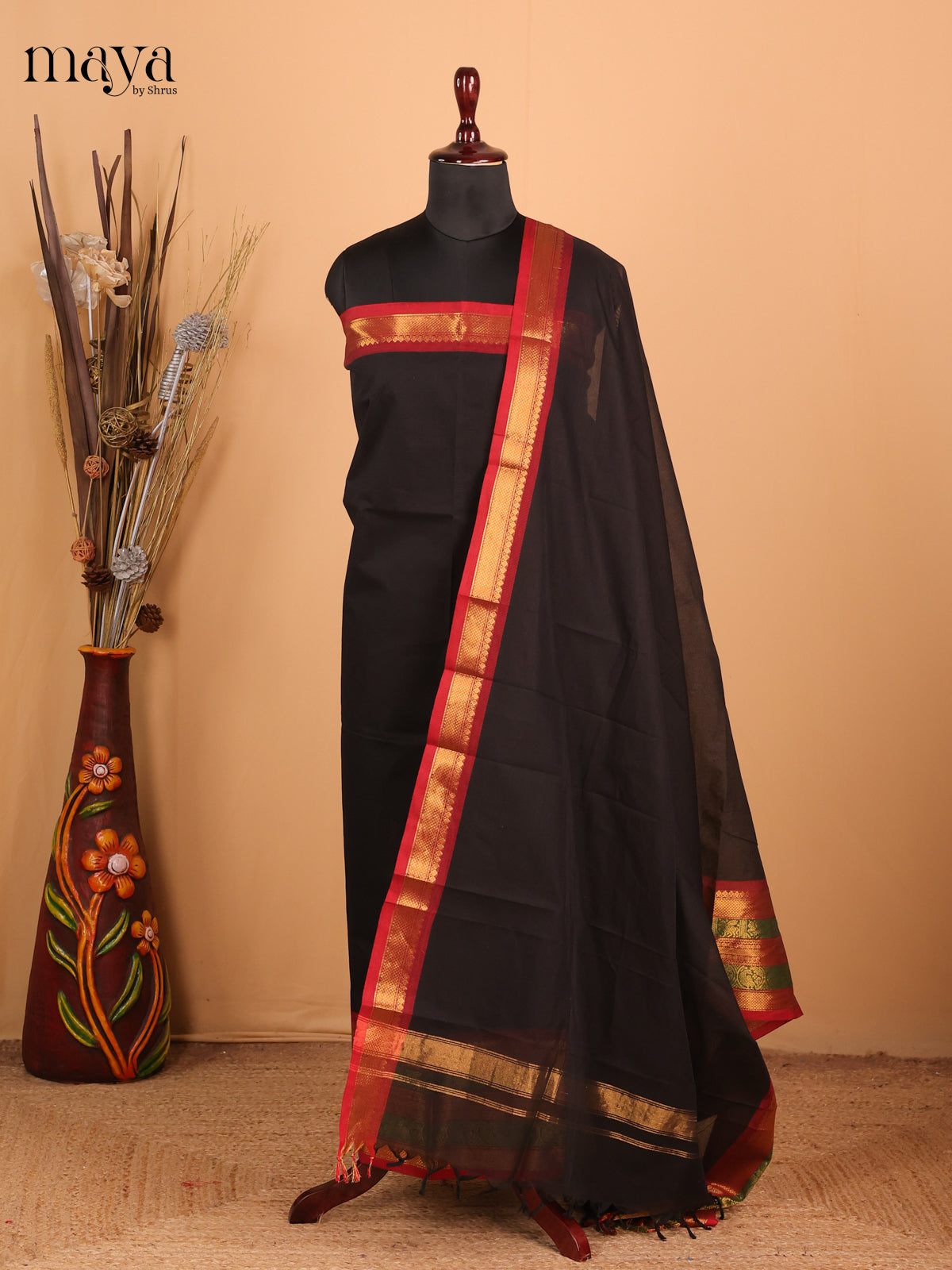 Black with Red - Chettinad Cotton Unstitched Top & Dupatta - MDC06006