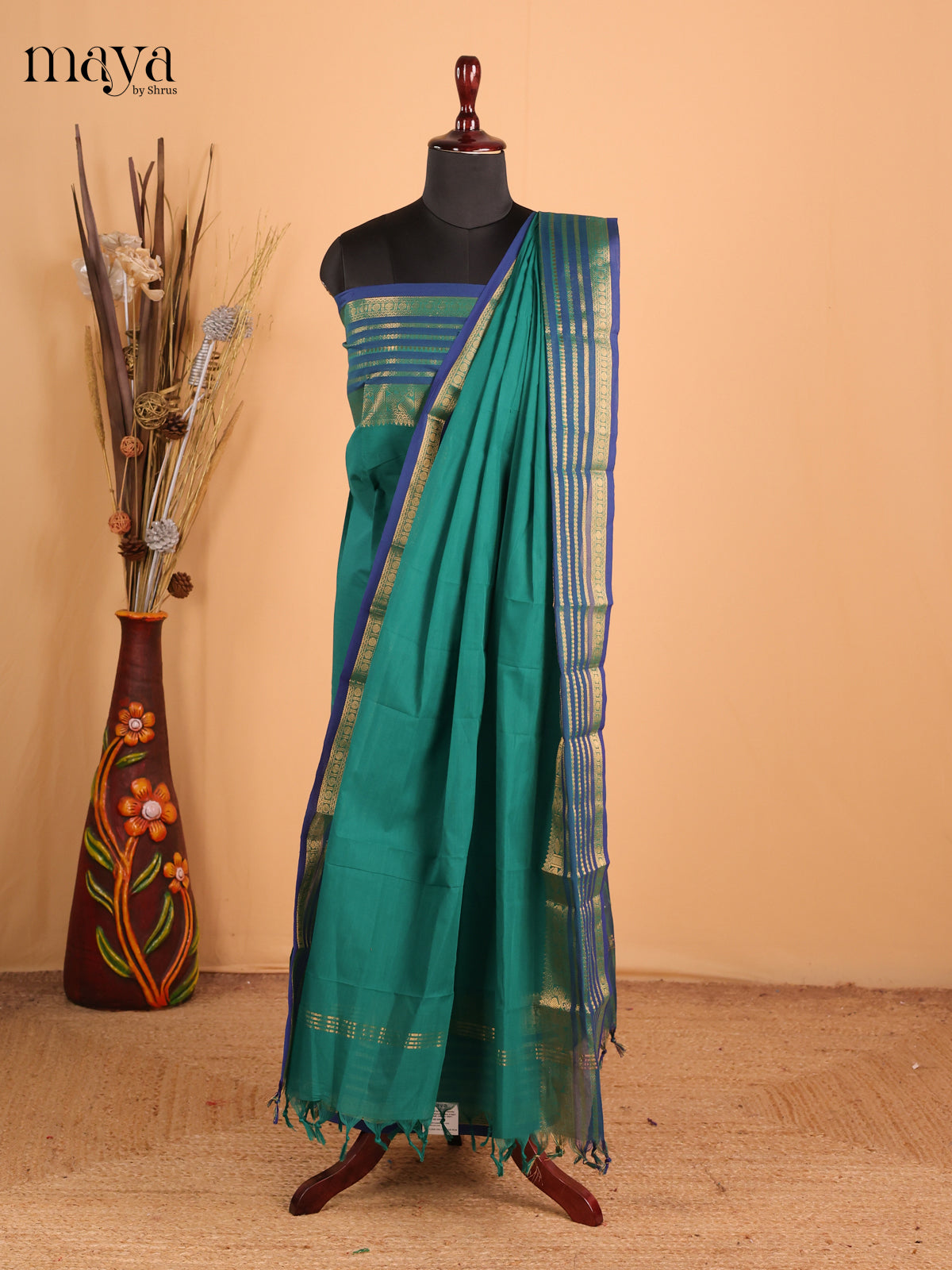 Green with dark blue - Chettinad Cotton Unstitched Top & Dupatta - MDC06007