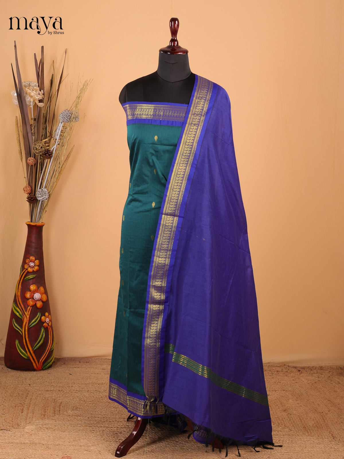 Green & Royal Blue - Kalyani Cotton unstitched Top & Dupatta - MDC07001