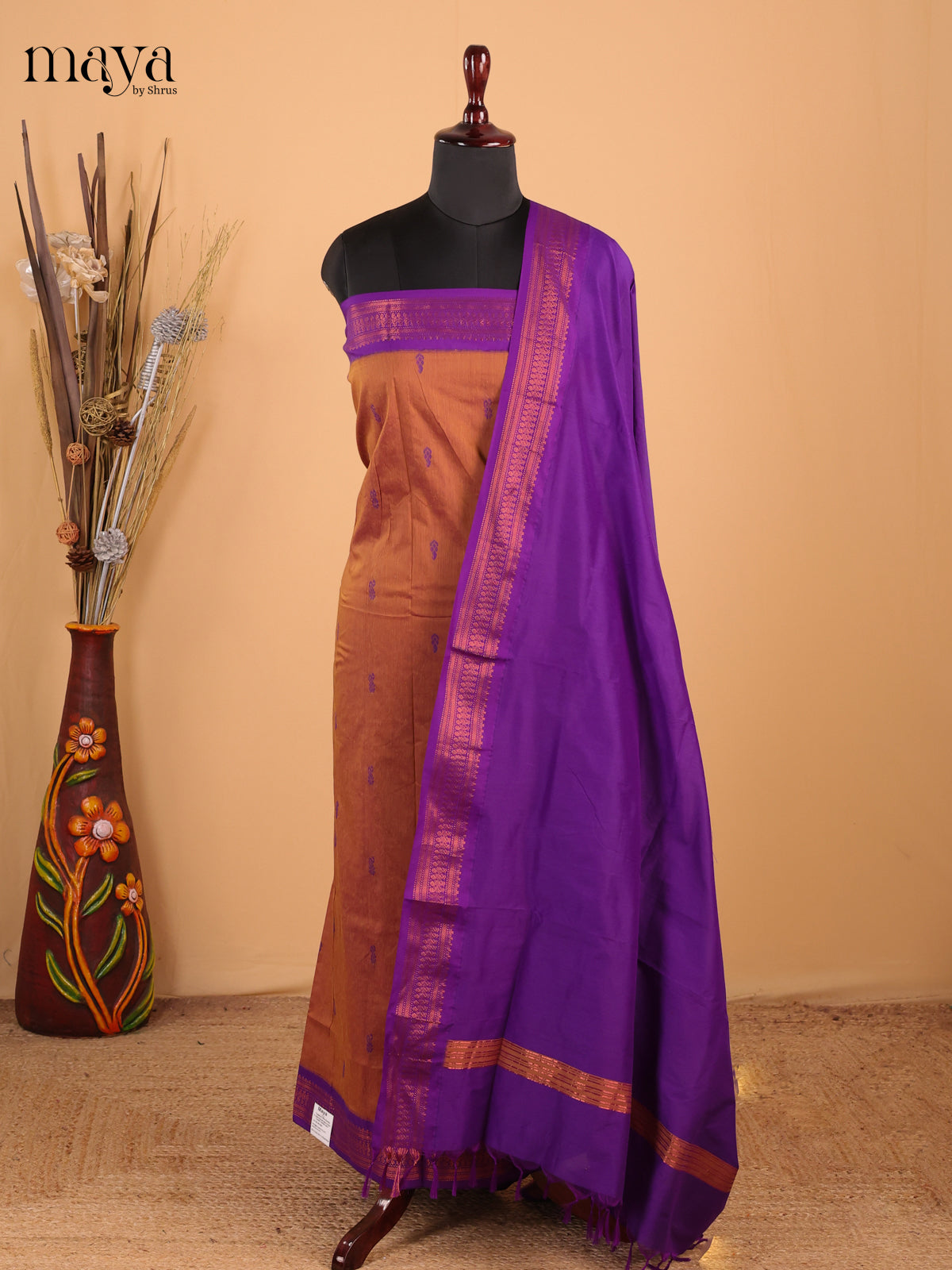 Brown & Purple - Kalyani Cotton unstitched Top & Dupatta - MDC07002