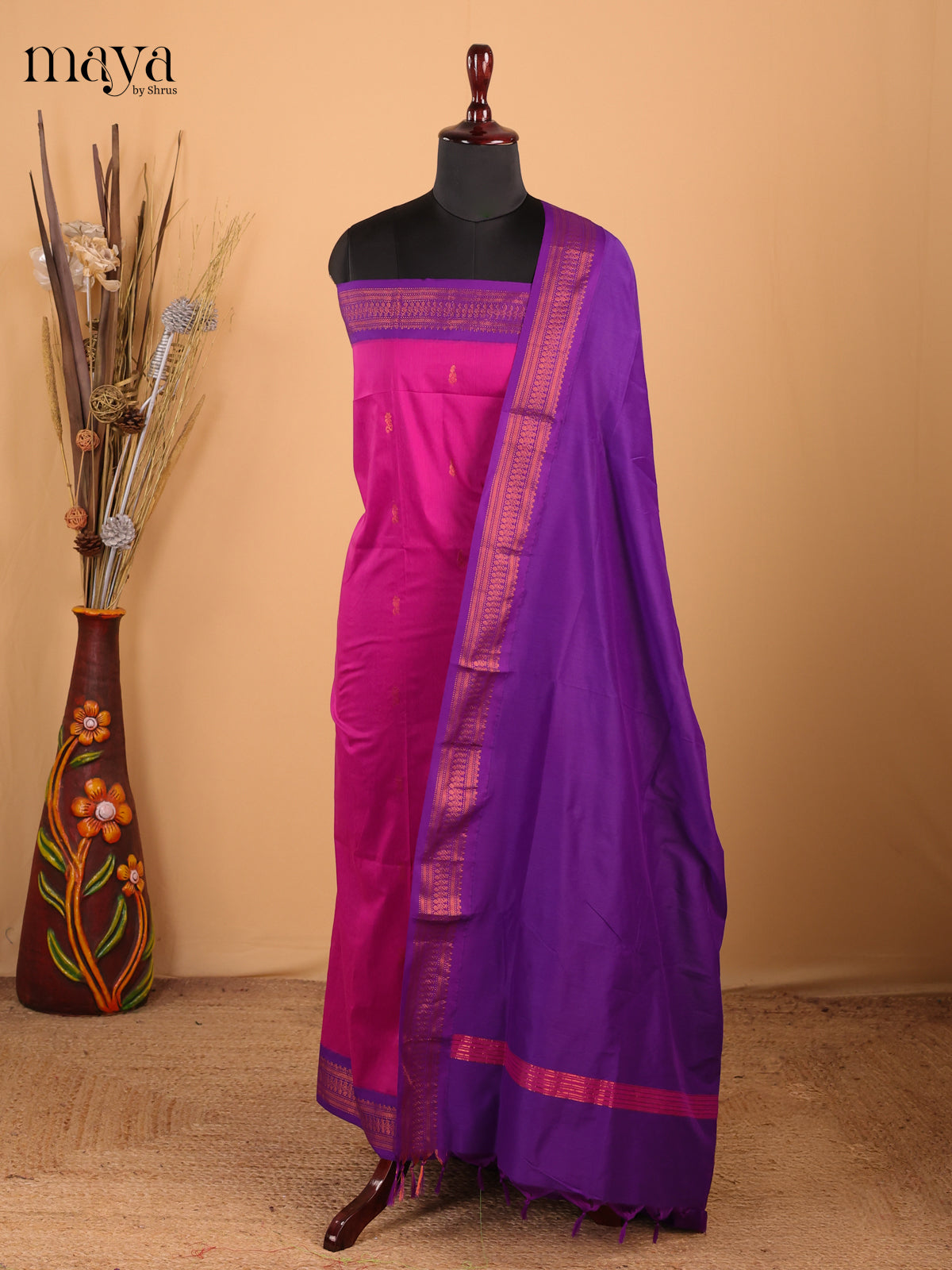 Pink & Purple - Kalyani Cotton unstitched Top & Dupatta - MDC07003
