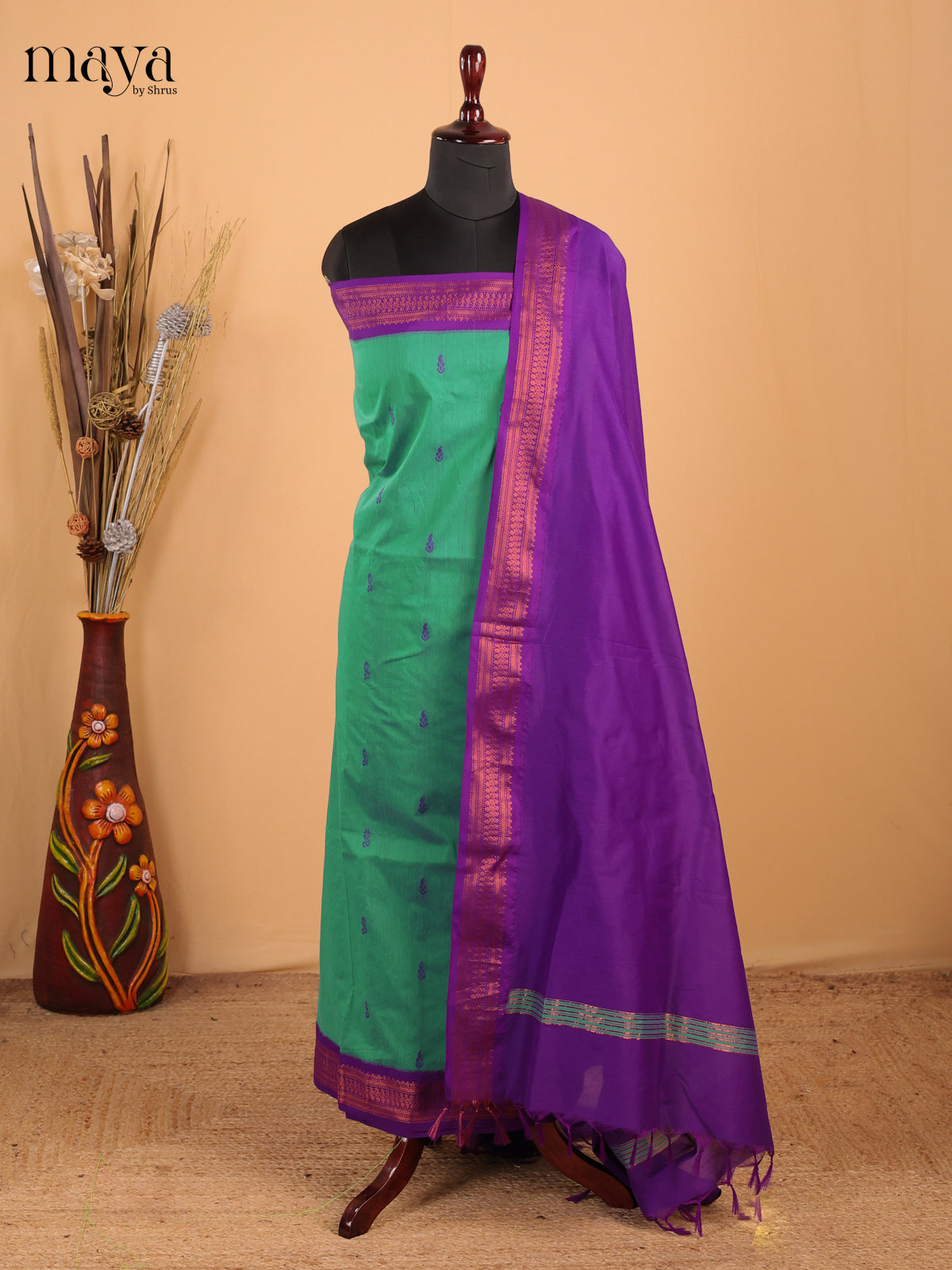 Purple & Green - Kalyani Cotton unstitched Top & Dupatta - MDC07004