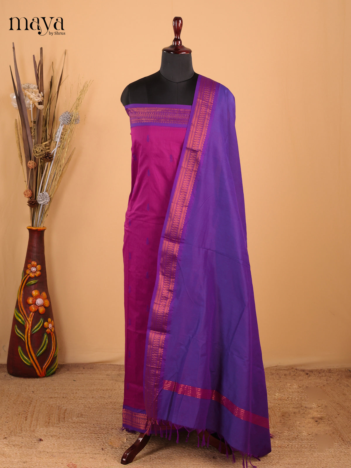 Purple & Royal blue - Kalyani Cotton unstitched Top & Dupatta - MDC07005