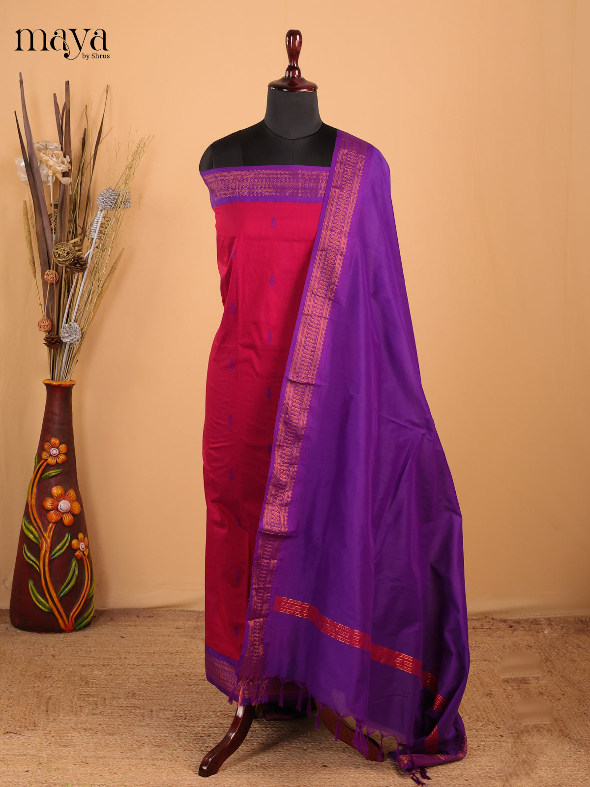 Pink & Purple - Kalyani Cotton unstitched Top & Dupatta - MDC07006