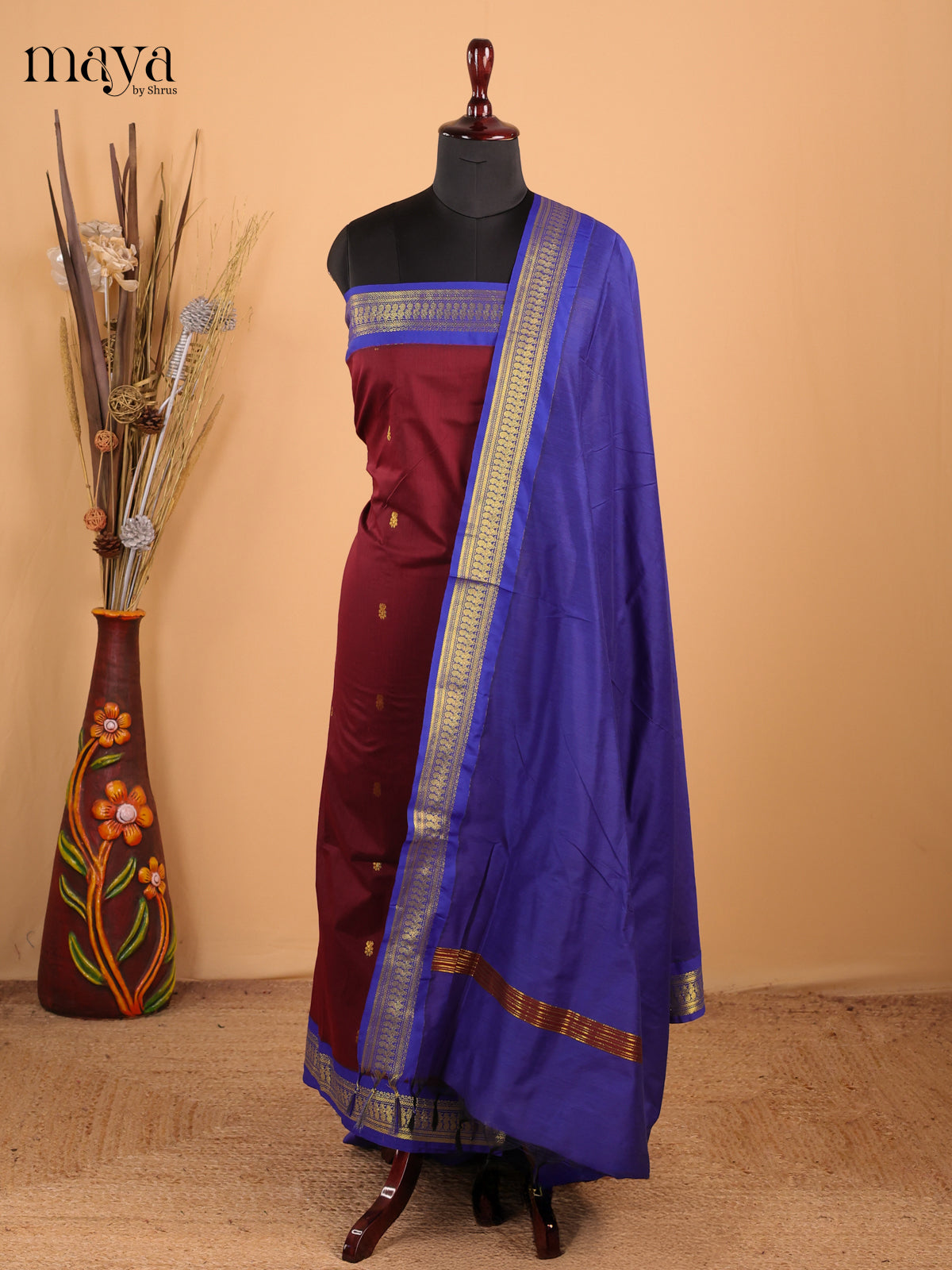 Royal blue & Brown - Kalyani Cotton unstitched Top & Dupatta - MDC07007