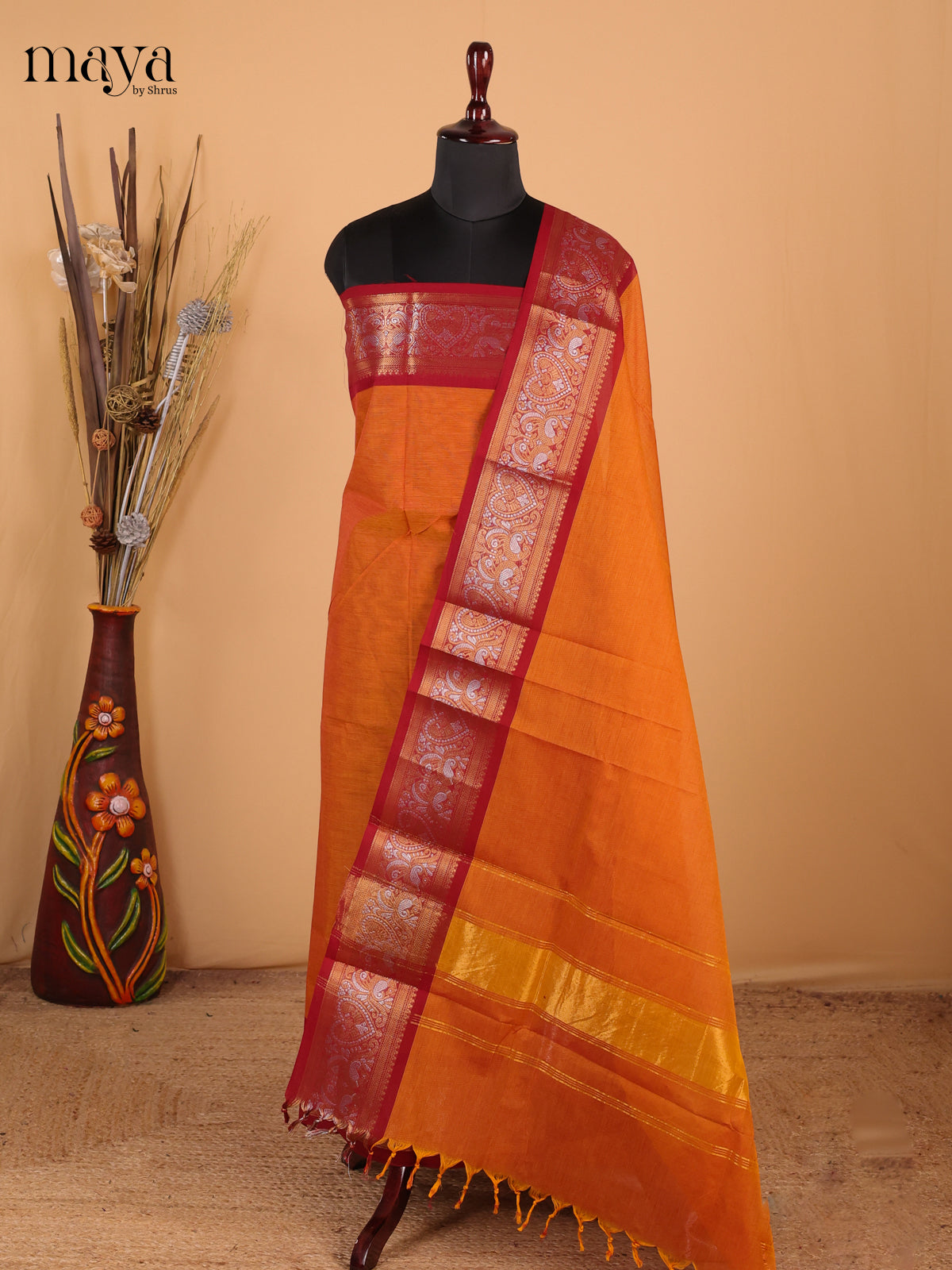 Orange & Maroon - Chettinad Cotton Unstitched Top & Dupatta - MDC12001
