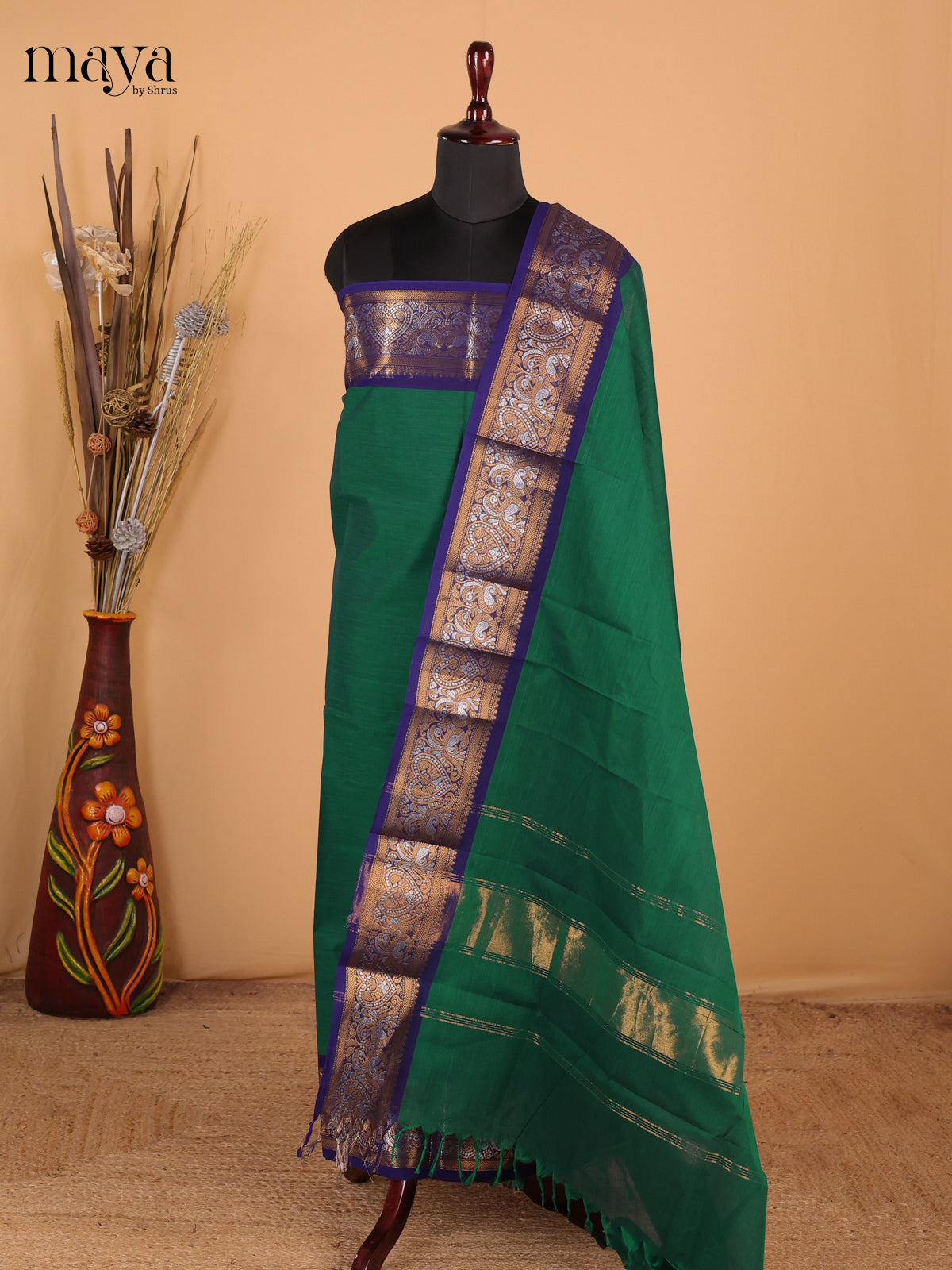 Green & Royal Blue - Chettinad Cotton Unstitched Top & Dupatta - MDC12002