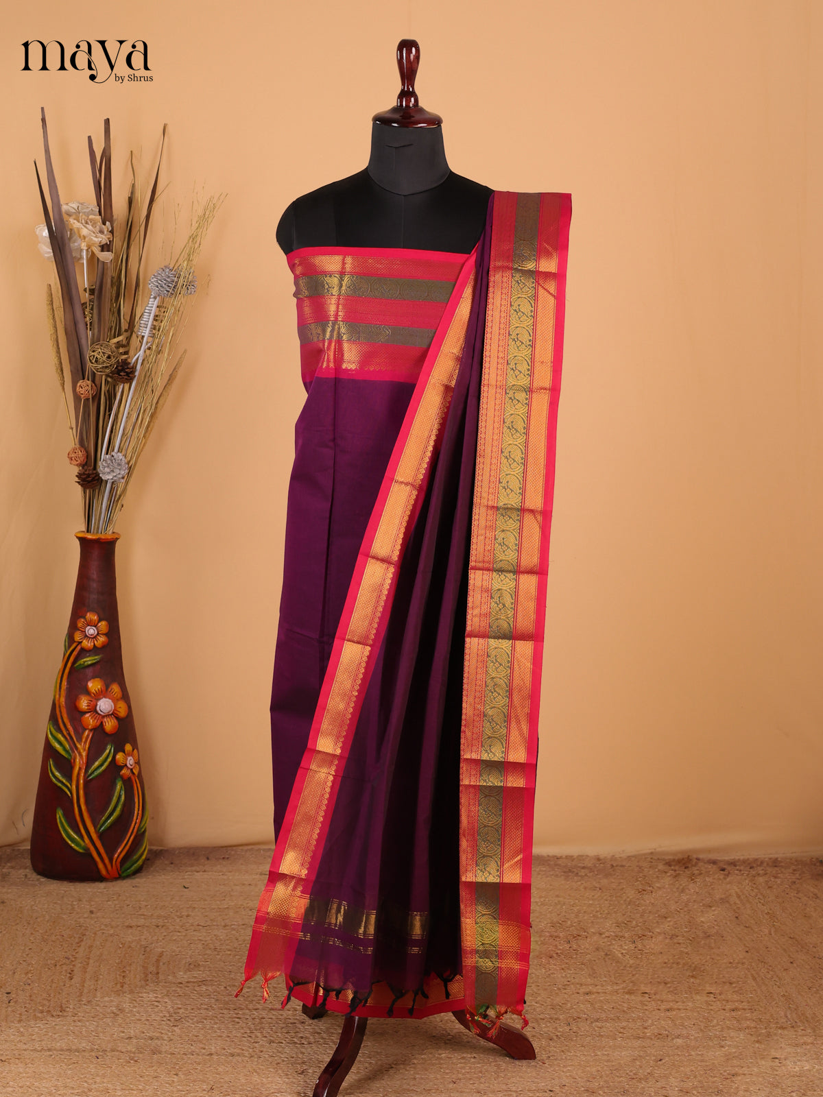 Purple & Red - Chettinad Cotton Unstitched Top & Dupatta - MDC12003