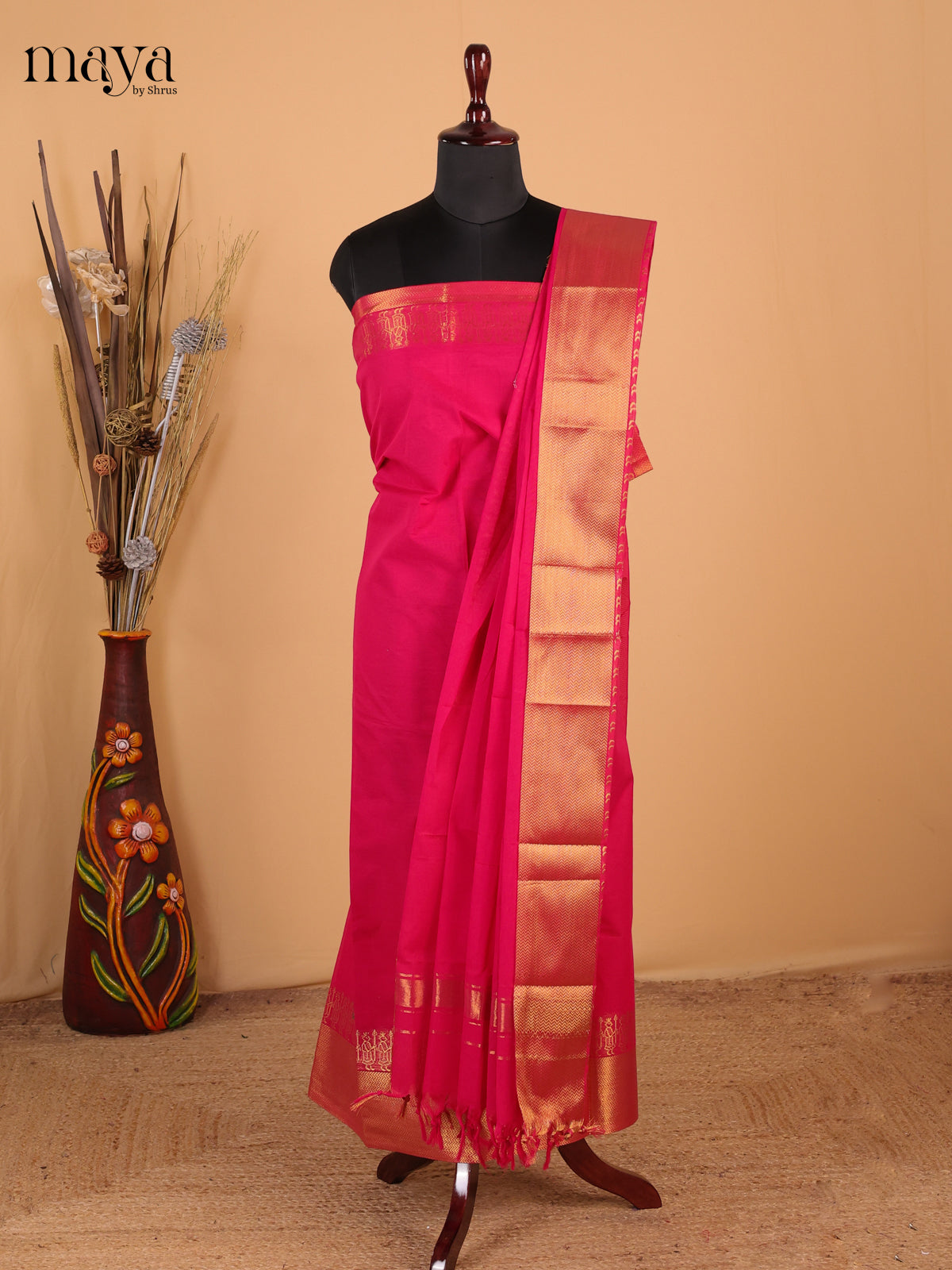 Rani pink - Chettinad Cotton Unstitched Top & Dupatta - MDC12004