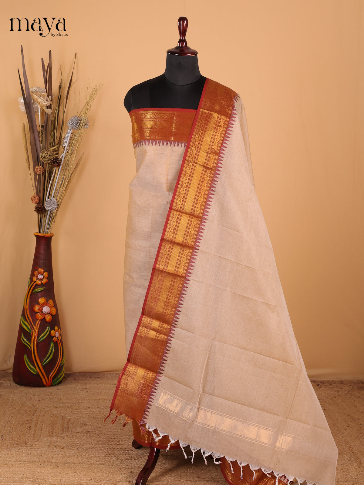 Beige & burnt orange - Chettinad Cotton Unstitched Top & Dupatta - MDC12005