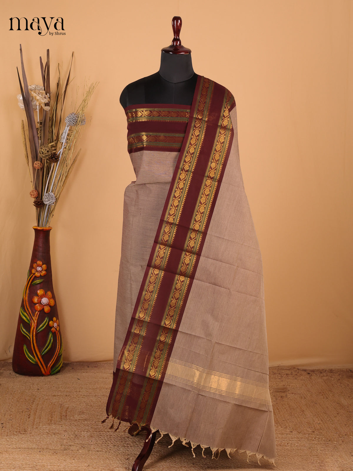 Beige with Marron - Chettinad Cotton Unstitched Top & Dupatta - MDC12006