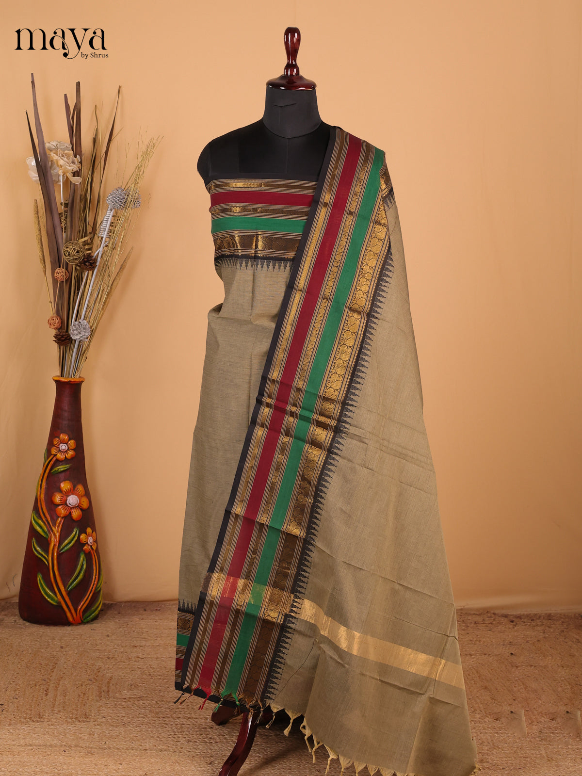 Beige & black - Chettinad Cotton Unstitched Top & Dupatta - MDC12007