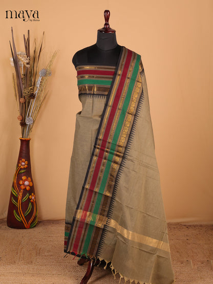Beige & black - Chettinad Cotton Unstitched Top & Dupatta - MDC12007