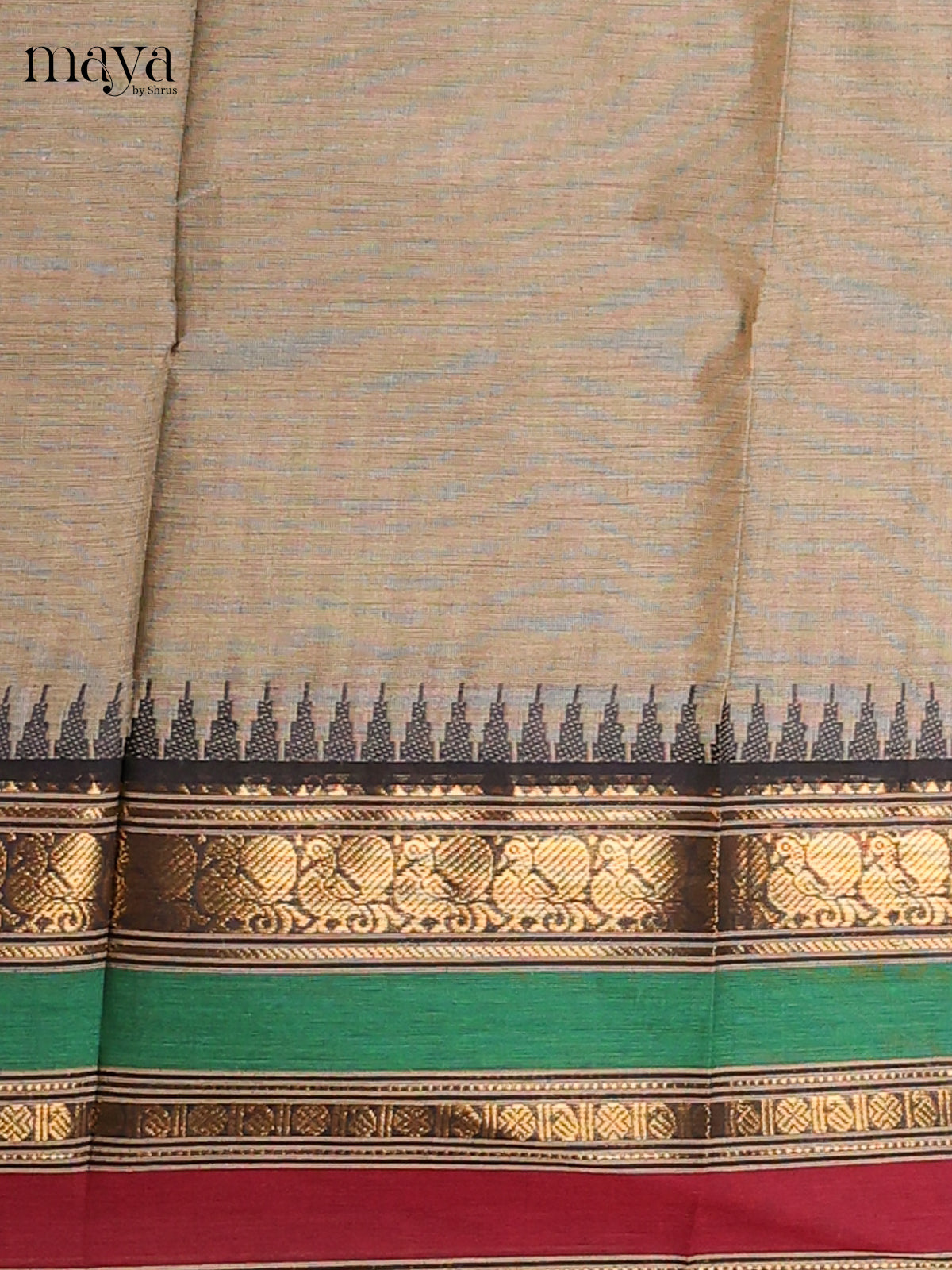 Beige & black - Chettinad Cotton Unstitched Top & Dupatta - MDC12007