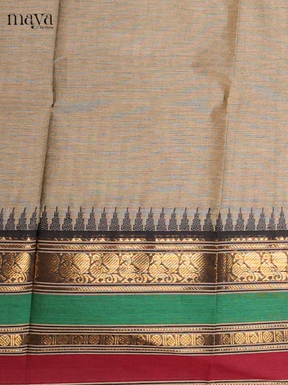 Beige & black - Chettinad Cotton Unstitched Top & Dupatta - MDC12007