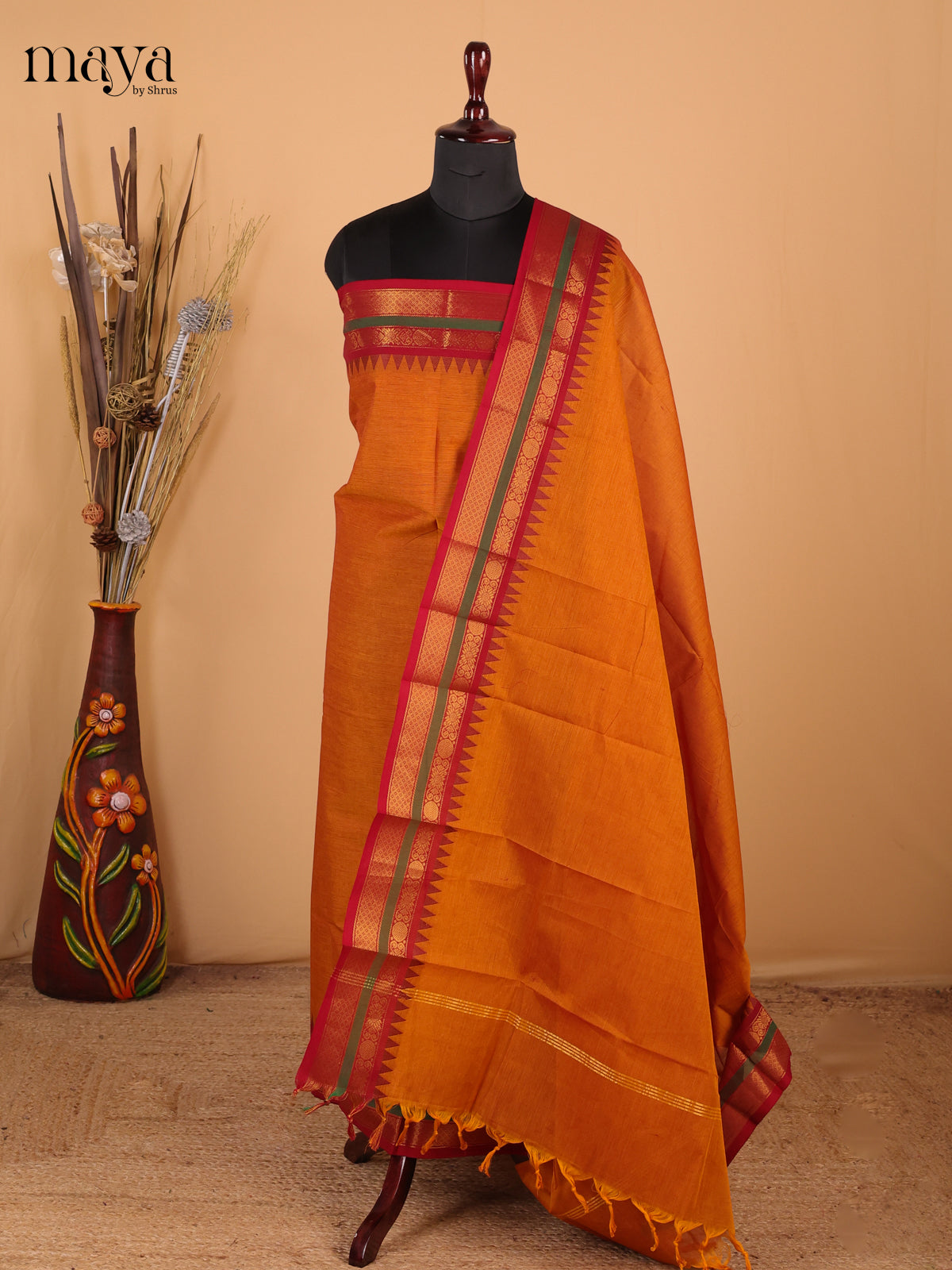 Orange & red - Chettinad Cotton Unstitched Top & Dupatta - MDC12008