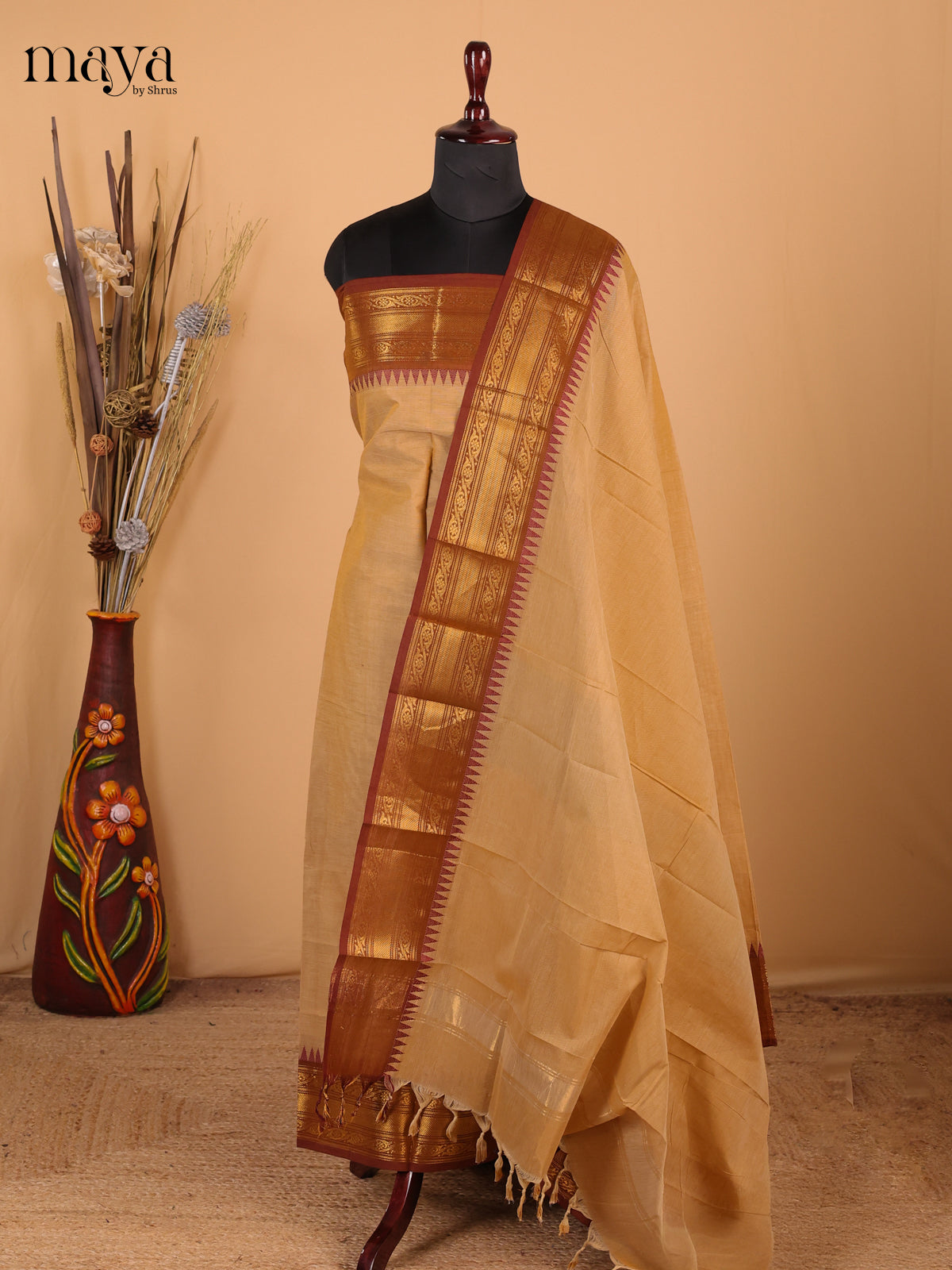 Beige Brown & Brown - Chettinad Cotton Unstitched Top & Dupatta - MDC12010